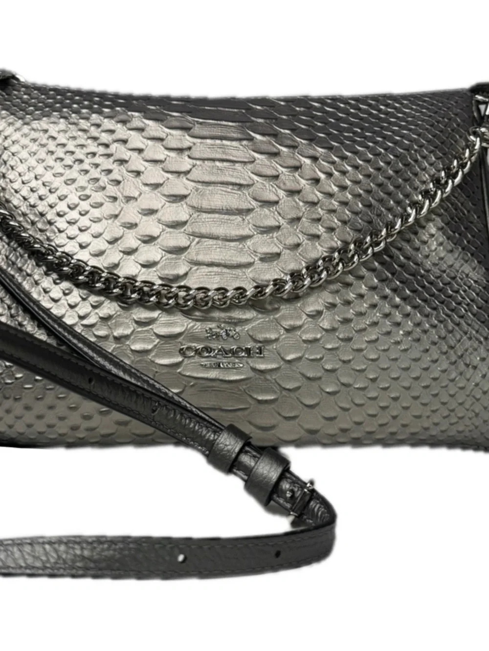 Coach Carrie Python Embossed Leather F35059 Pewter Silver Gunmetal Chain Bag